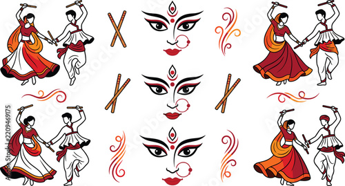 Navratri Garba Dandiya Dance Couples and Goddess Durga Vector Set