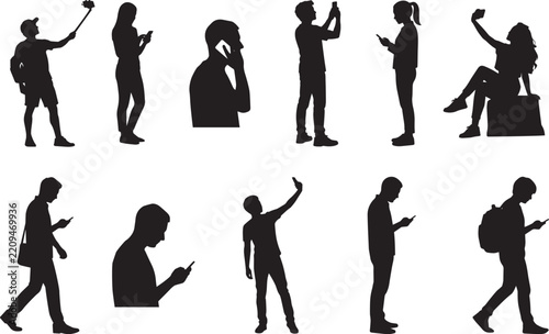 Collection of silhouettes depicting people interacting with mobile devices in public