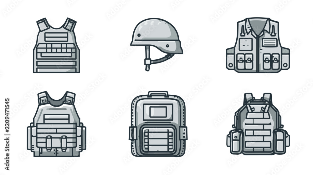 Obraz premium Collection of Tactical Military Gear Including Helmet, Vests, and Protective Backpacks