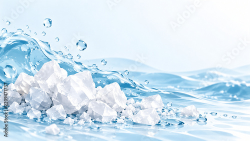 海塩の結晶と水しぶきの爽やかなイラスト