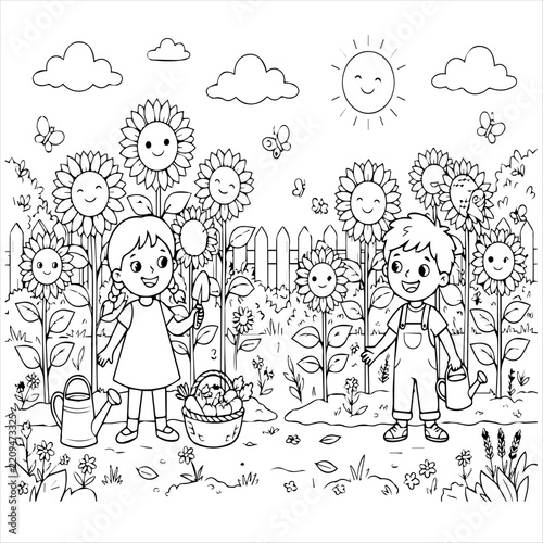Children gardening among sunflowers coloring book page line art with children