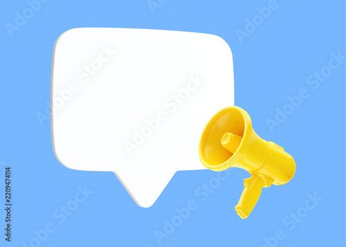 Hand speaker 3d render icon - propaganda loudspeaker, news microphone and communication advertise with voice illustration. Loud shout bullhorn illustration concept isolated on blue background
