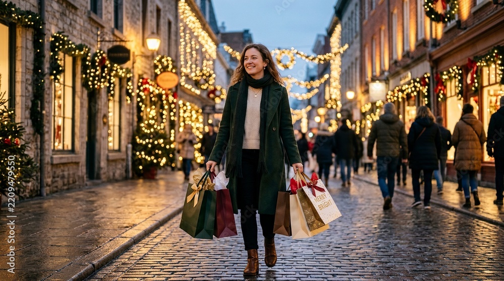 Obraz premium Smiling Young Woman Carrying Shopping Bags on Cobblestone Street Decorated with Christmas Lights