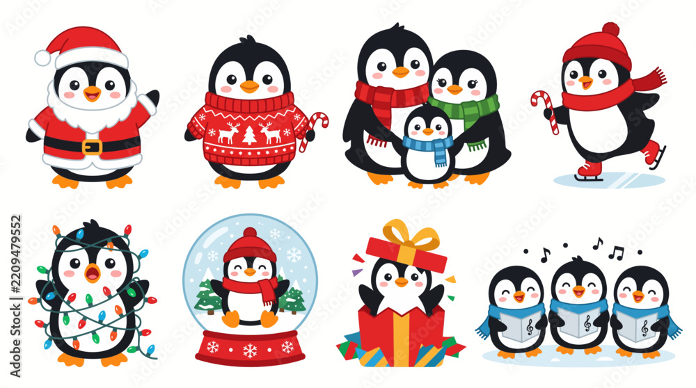 Fototapeta premium Cute Christmas Penguin Character Set Flat Vector Illustration
