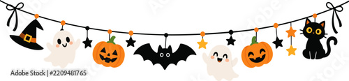 Halloween hanging bunting banner decoration, cute spooky garland elements with pumpkins, ghosts and bats for seasonal party invitations.