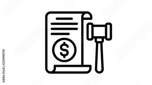 Legal gavel and financial contract document icon featuring simple vector outline art style