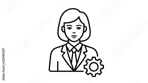 Business woman icon with gear outline vector illustration for corporate management and professional support concepts