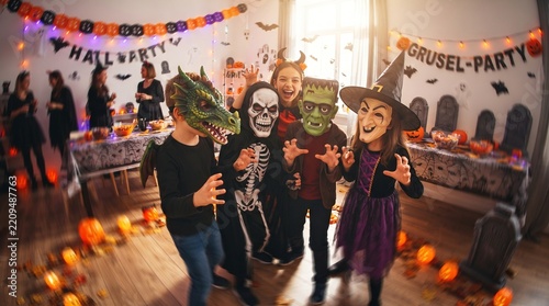 Group of Cute Kids in Halloween Costumes Having Fun at School Party. Kids Halloween Party Concept Banner with Copy Space