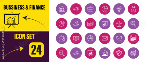 Business and finance icon set, 24 vector icons for financial reports, marketing, and corporate presentations