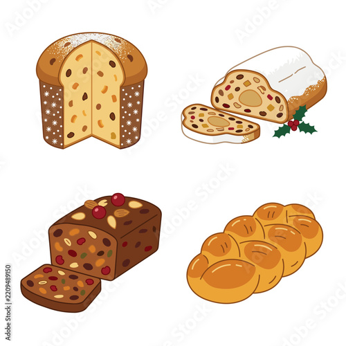 Collection of four festive baked goods including panettone, stollen, fruitcake, and challah bread