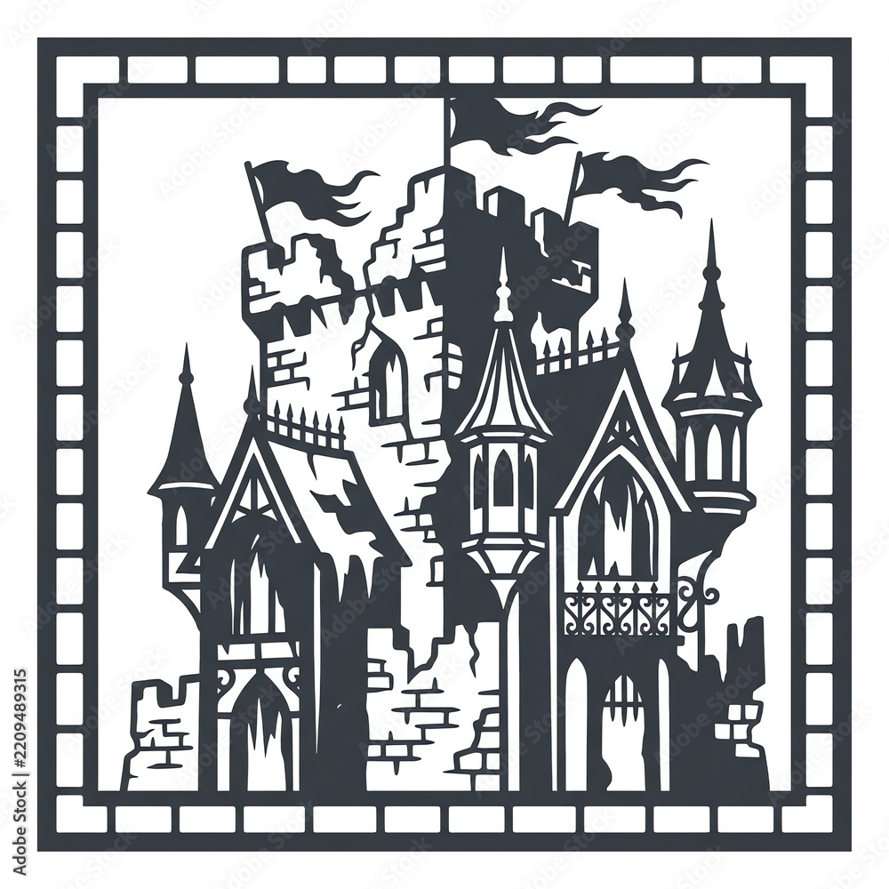 Fototapeta premium Medieval castle silhouette illustration with towers and flags