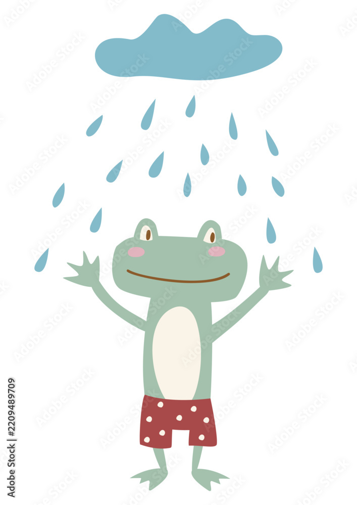 Obraz premium Happy Frog Character Standing in Red Shorts Under Rain Cloud Vector Illustration Isolated on Transparent Background