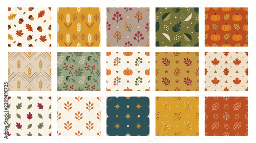 Large set of seamless vector patterns featuring autumn leaves pumpkins acorns and wheat stalks for decorative seasonal harvest background designs
