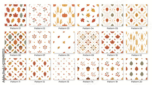 Set of Seamless Autumn Vector Pattern Backgrounds Featuring Hand-Drawn Fall Leaves Acorns and Seasonal Botanical Elements for Festive Decor