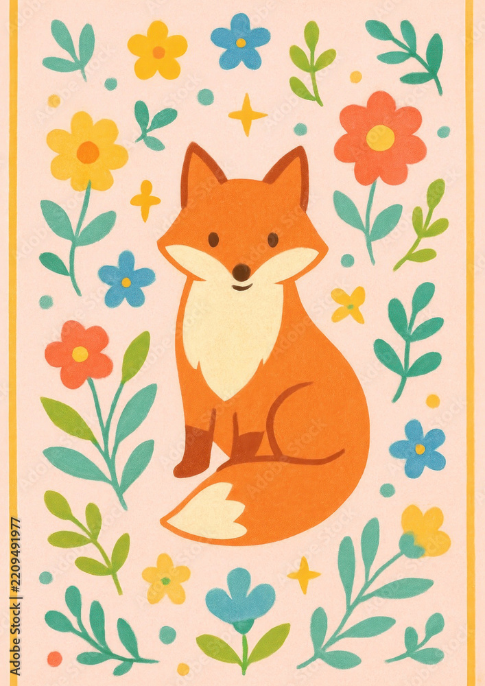 Fototapeta premium Cute fox floral mobile wallpaper.