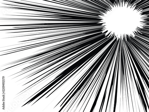 Black and white manga action speed lines background, comic book radial burst effect