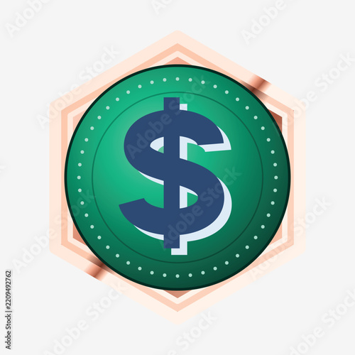  Green Hexagonal Dollar Coin Vector Icon with Gold Frame for Finance App, Crypto Token, and Game Interface