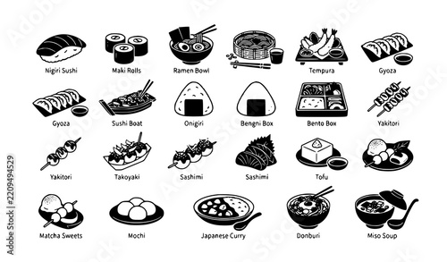 Japanese Food and Sushi Flat Black Silhouette Icon Pack