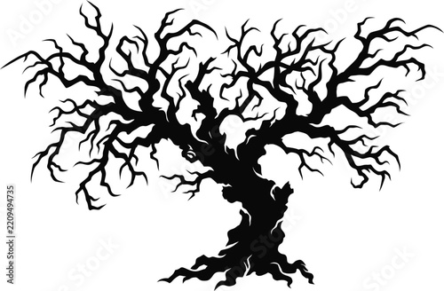 Bare tree silhouette isolated on a white background with intricate branching details