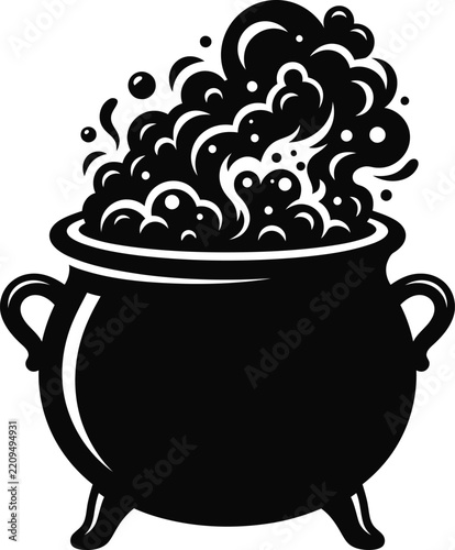 Black cauldron bubbling with a mysterious potion and swirling smoke illustration