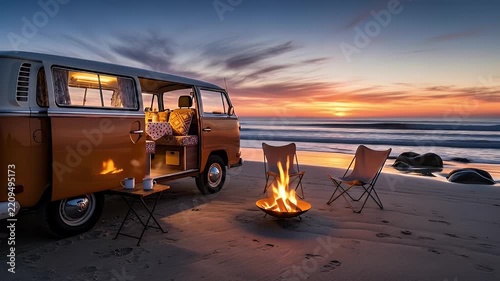 Vintage Camper Van on Beach at Sunset with Campfire and Ocean Waves
