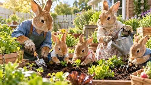 Bunnies gardening in a lush backyard