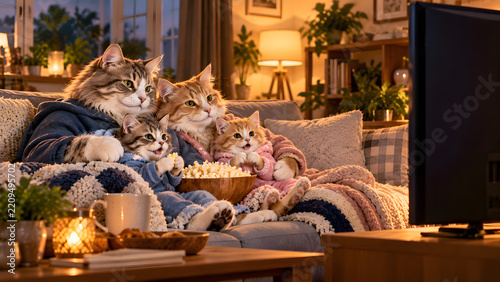 Cats and kittens cozy on couch with popcorn