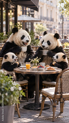 Pandas Enjoying Breakfast at Outdoor Cafe