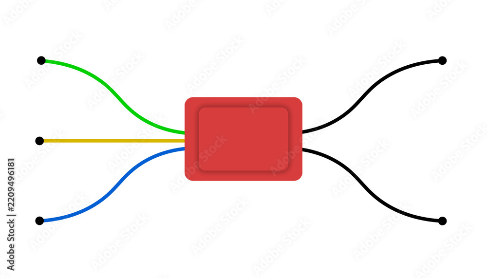 Obraz premium Red rectangular electronic microchip module with colorful signal wires connected on transparent grid background