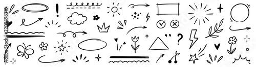 Line arrow cute doodle element set. Hand drawn doodle sketch line arrow cute element icon heart sketch design. Star emphasis sun cloud sticker flower glitter sparkle crown. Vector
