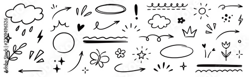 Line arrow cute doodle element set. Hand drawn doodle sketch line arrow cute element icon heart sketch design. Star emphasis sun cloud sticker flower glitter sparkle crown. Vector
