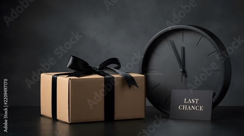 Gift box with ribbon and a clock showing nearly midnight in low light