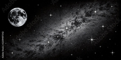 Stunning monochrome night sky illustration featuring detailed full moon, glowing starbursts, and textured Milky Way galaxy for astronomy and cosmic designs.
