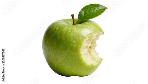 Green apple with a bite taken out showing white flesh, isolated on transparent background