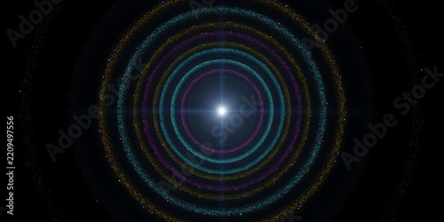 Stunning abstract digital art featuring luminous concentric particle rings in vibrant cyan, magenta, and gold orbiting a brilliant central star against black.