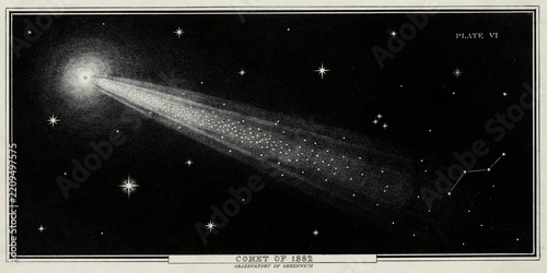 Vintage astronomical engraving of the Great Comet of 1882 from the Royal Observatory Greenwich, featuring detailed star charts and historical scientific.