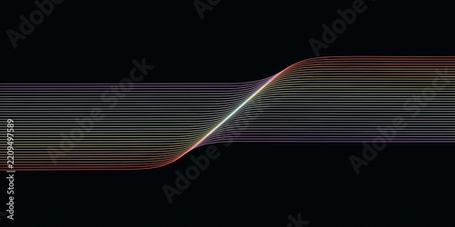 Vibrant glowing neon parallel lines curve smoothly across dark black background, minimalist modern digital art composition for futuristic tech design.