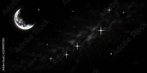 Stunning monochrome night sky illustration featuring a detailed crescent moon, bright glowing twinkling stars, and a subtle textured milky way galaxy backdrop.