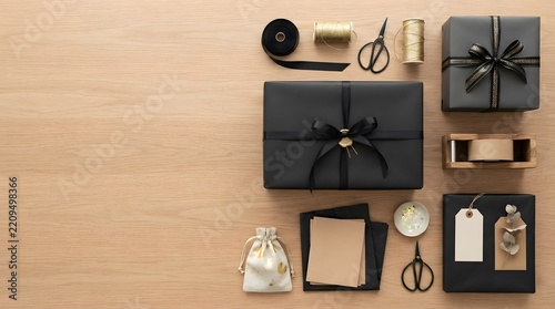 Flat lay of elegant gifts and beauty products on a neutral background