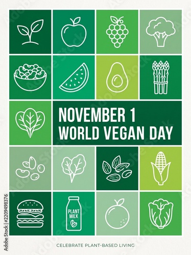 World Vegan Day graphic design with plant based food icons and text