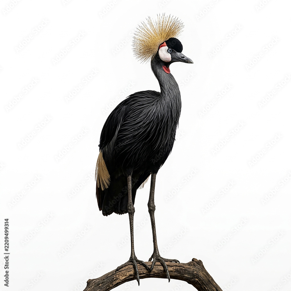Obraz premium A black crowned crane with a golden spiky crest and dark feathers standing on a wooden branch, isolated on a white background, for wildlife