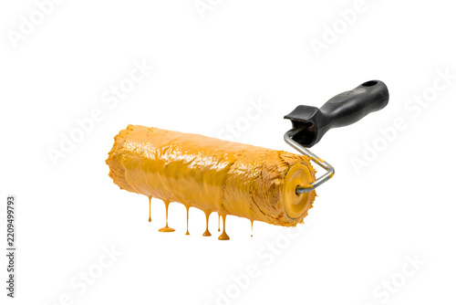 Paint roller with yellow paint drips isolated on transparent background cutout for paintroller and png Projects tool renovation decorating diy construction brush equipment home improvement work coated