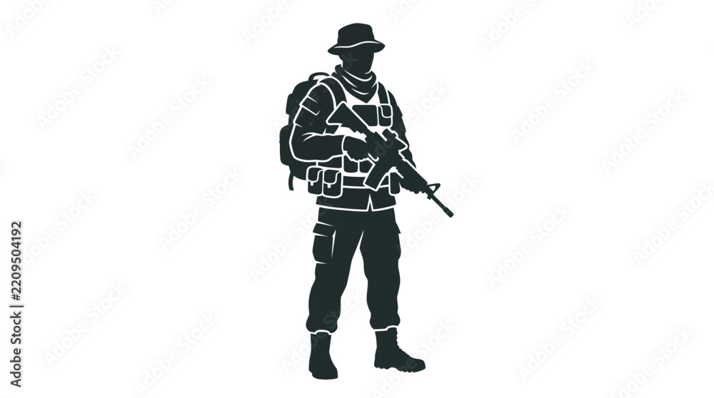 Obraz premium Minimalist Black Silhouette of a Tactical Soldier with Rifle and Gear on White Background