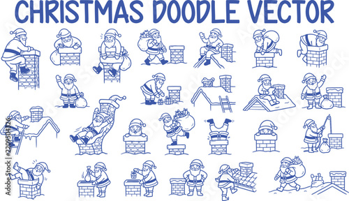 Christmas Santa Claus Doodle Vector Collection with Fireplace, Gifts, Sleigh and Festive Holiday Elements