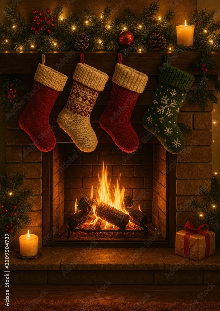 Fototapeta premium Cozy festive fireplace stockings