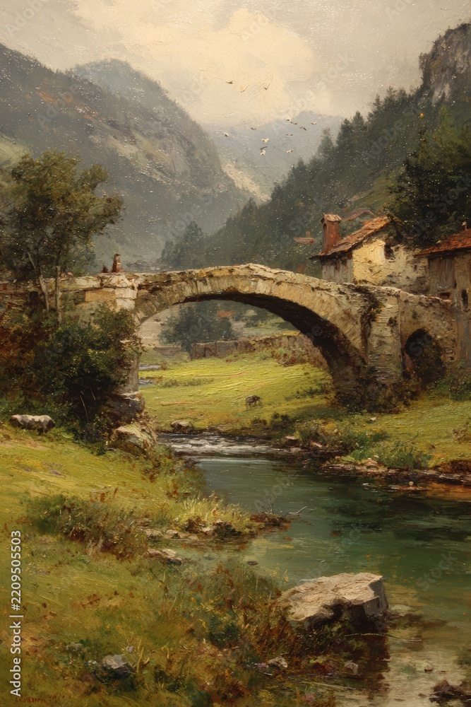 Fototapeta premium Classic oil painting of a peaceful mountain valley with an ancient stone bridge over a flowing river, traditional houses, and lush greenery. Serene landscape art.