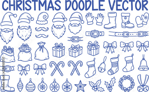 Cute Christmas Elements Vector Collection, Santa Claus, Snowflakes, Stockings and Festive Holiday Illustrations