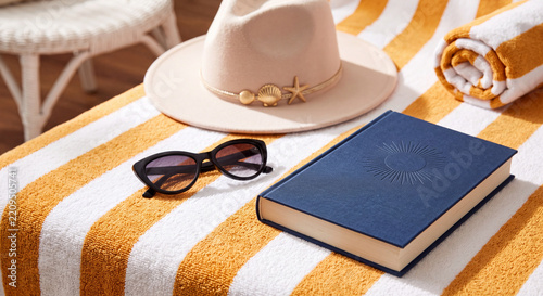 Sun hat sunglasses and hardcover book on striped beach towel relaxing setup