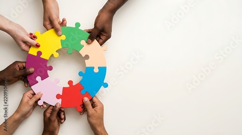 Diverse group of hands holding colorful jigsaw puzzle pieces together forming a circle, symbolizing unity, teamwork, and collaboration.