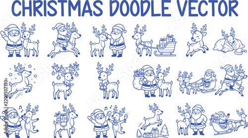 Christmas Winter Wonderland Doodle Vector Collection – Santa Sleigh, Reindeer and Festive Holiday Elements